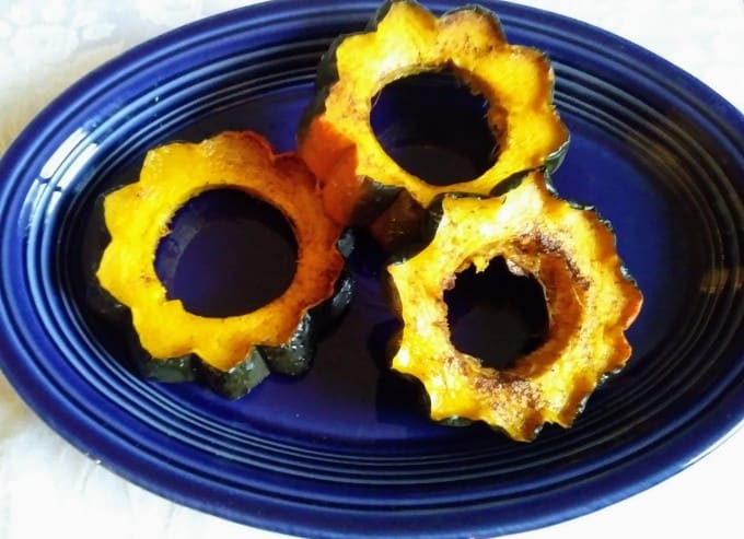 3 rings of acorn squash on blue plate