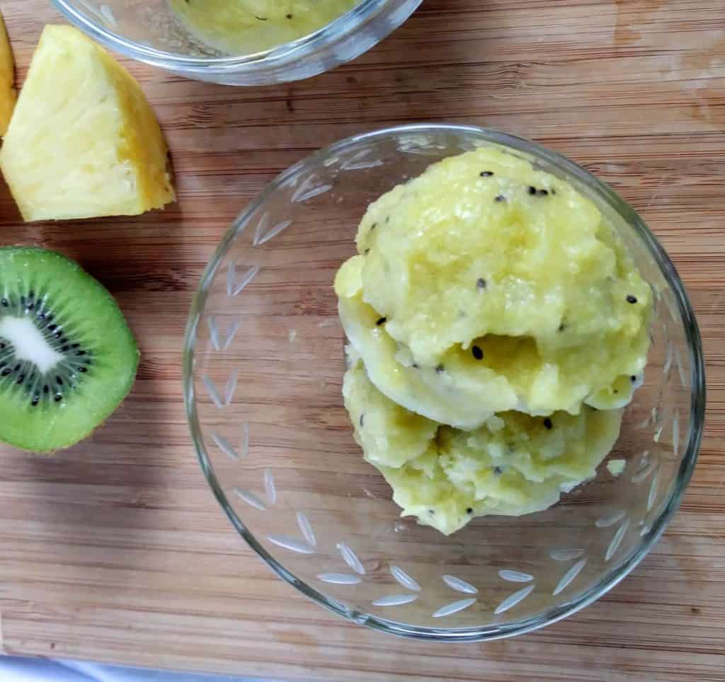 kiwi pineapple sorbet in bowl,