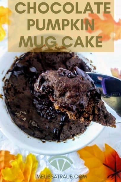 chocolate pumpkin mug cake on spoon with souffle dish and silk leaves in background
