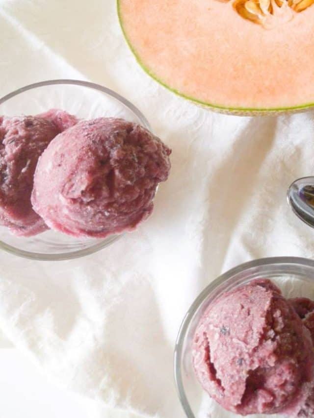 cantaloupe berry sorbet in 2 bowls
