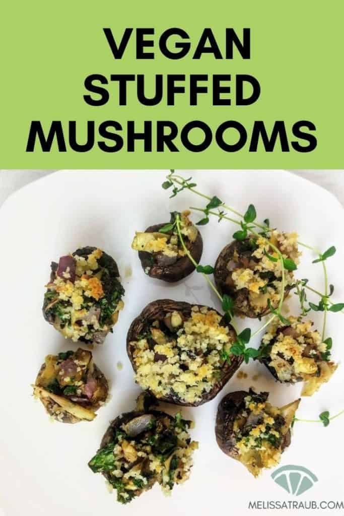 vegan stuffed mushrooms on white plate.