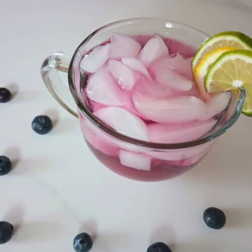 Blueberry Lavender Iced Tea Mocktail in glass mug with lemon and lime slices.