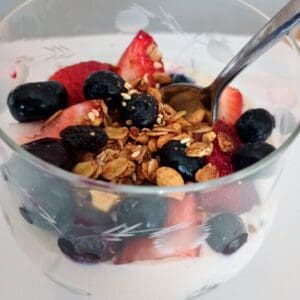 yogurt berry granola parfait showing the top.